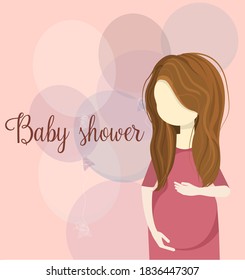 pregnant girl in a pink dress, holding her tummy with her hands. on the background balls, decorations for the baby shower.