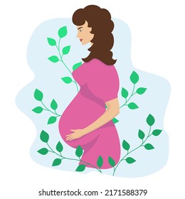 Pregnant girl in pink dress on blue background