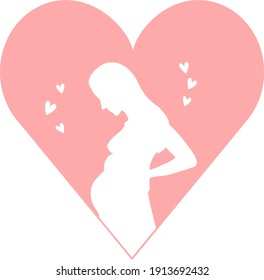 pregnant girl in a pink heart. minimalistic logo. pregnancy and childbirth. silhouette of a pregnant woman who strokes her belly with her hands in a pink heart.