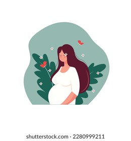 pregnant girl. Poster with beautiful young pregnant woman with long hair Minimalistic design, flat cartoon vector illustration