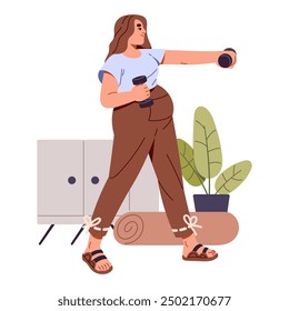 Pregnant girl practices sport exercises with dumbbells. Expectant mother goes fitness, training indoors. Woman with belly does workout during pregnancy. Flat isolated vector illustration on white