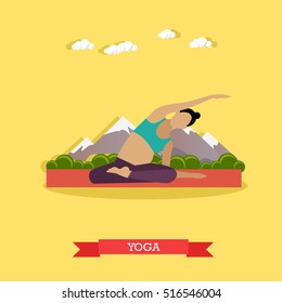 Pregnant girl practicing yoga and stretching on the mat, outdoor. Yoga practice for healthy pregnancy. Active healthcare lifestyle. Vector illustration in flat design