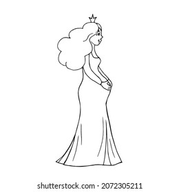 A pregnant girl, a princess in a long dress with a crown, isolated on a white background.Vector illustration in doodle style.