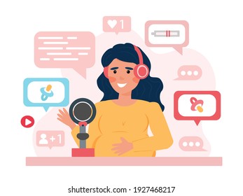 a pregnant girl records a podcast about pregnancy, childbirth, gender determination into the microphone. Vector illustration, flat.