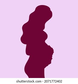 Pregnant girl. Red silhouette. Woman with long hair and in a dress. The joy of motherhood. Waiting for the birth of a child. Simple flat color vector illustration.