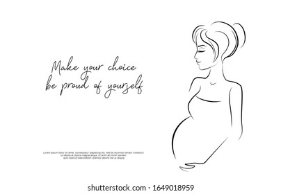 Pregnant girl silhouette - vector logo. Sketch drawing of a young woman mother. Illustration poster of happy motherhood, health care, against abortion