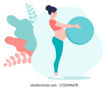 Pregnant girl in a sports suit with a fitball. The concept of a healthy pregnancy and sports. Cartoon vector flat style illustration for web site or mobile application.