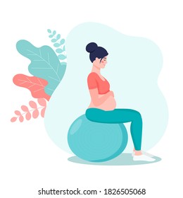 Pregnant girl in a sports suit with a fitball. The concept of a healthy pregnancy and sports. Cartoon vector flat style illustration for web site or mobile application.