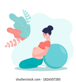 Pregnant girl in a sports suit with a fitball. The concept of a healthy pregnancy and sports. Cartoon vector flat style illustration for web site or mobile application.