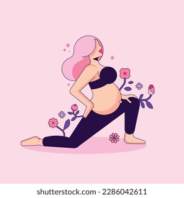 The Pregnant Girl stands in Ashwa Sanchalanasana. Lunge Posture. Minimalistic Geometric Woman. Floral Background. Equestrian pose. Yoga Exercise. Flat cartoon vector illustration with stroke