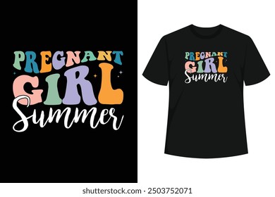 Pregnant Girl Summer Vacation Hawaii Beach Groovy Retro. Nothing says Summer like the beach with Palm Trees, Beach Chairs and some Sunshine. Summertime T Shirt with Retro Design and Colors. 