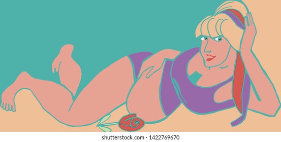 Pregnant girl sunbathes on the beach.