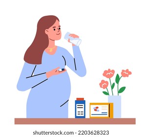 Pregnant girl taking vitamins. Future mom taking care of her health. Pregnancy. Flat vector illustration.

