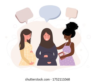 Pregnant girl talk to each other. Business women discuss social network, chat with dialog speech bubbles, debate working moments. Modern vector illustration in flat style.