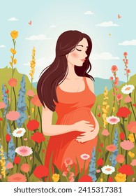 A pregnant girl. There are a lot of flowers around. Straight blond hair is blown by the breeze. In a pink sundress. Her arms hug her stomach. Modern. Vector.