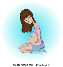 A pregnant girl in a transparent cloak sitting on her lap on a blue background. Future mom.