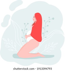  Pregnant girl in underwear holding belly flat vector. pregnant girl who has big belly. She surrounded thoughts about taking care baby, about feeding