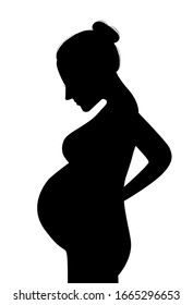 Pregnant girl vector illustration isolated on white background. Pregnant woman silhouette. neat hairstyle, collected on top of the hair. Looks at the belly