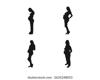 Grávida menina vetor ilustração. mulheres grávidas silhuetas mostrando várias poses e estágios da gravidez. Vetor isolado em um fundo branco.