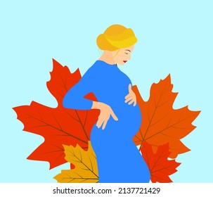 Pregnant girl. Pregnant woman in a blue dress. Expectant mother hugs her belly. Vector illustration
