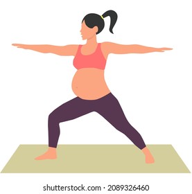 Pregnant girl woman doing yoga. Healthy pregnancy. Vector illustration in flat style. yoga pose asana Virabhadrasana - Warrior Pose 2