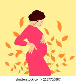 Pregnant girl. Pregnant woman in a pink dress. Expectant mother hugs her belly. Vector illustration