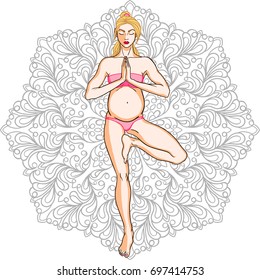 Pregnant girl in yoga pose over ornate round mandala. Vector illustration.