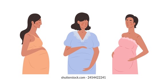 Pregnant girls with big belly set. Women holds hands on belly on white background. Maternity concept