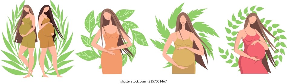 Pregnant girls on a background of green leaves. Future mothers. Set of vector illustrations with flat cartoon characters.