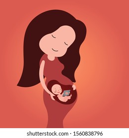 pregnant happy mother and cute baby in the womb funny and lively.A great message to celebrate motherhood and well being of the baby.