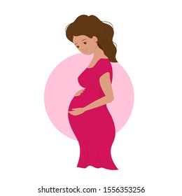 Pregnant happy woman with a baby in her belly, future mother laught, cartoon character,  pretty lady with love to her motherhood. Poster in hospital, maternity home, birthing center, Mother's Day card