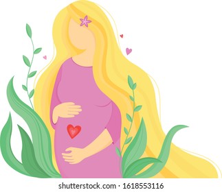 Pregnant happy woman with a baby in her belly, greenery around, cartoon character, pretty lady with love to her motherhood. Poster in hospital, maternity home, birthing center, Mother's Day card