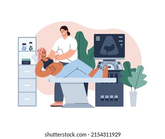 Pregnant happy woman on ultrasound screening, flat vector illustration on white background. Doctor with sonography scanner checks baby in uterus. Pregnancy and healthcare.