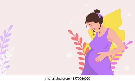 Pregnant happy woman poster. Beautiful banner girl in purple dress and stylish hairstyle smiling holds her belly. Loving anticipation of long awaited vector baby.