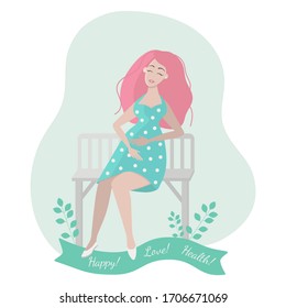 Pregnant happy woman in a pretty dress. The happiness of motherhood. Trend illustration in flat and cartoon style. Greeting card. Isolated object on a white background.