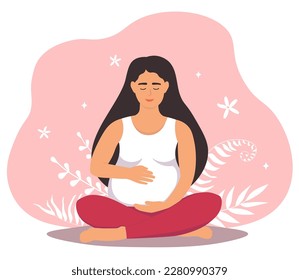 A pregnant happy woman is sitting in the lotus position, holding a big belly with her hands. Female is expecting a baby. Vector flat graphics.