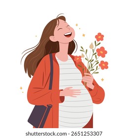 Uma mulher grávida e feliz sorri alegremente enquanto segura um buquê. Ilustração vetorial da maternidade e da energia feminina para o conteúdo parentário, blogs de gravidez e projetos de convite de chá de bebê.