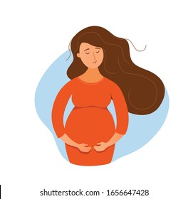 Pregnant happy young girl vector colorful cartoon illustration. Beautiful expectant mother caressing her belly. Motherhood design concept for shops, magazines, promotions

