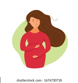 Pregnant happy young girl vector colorful cartoon illustration. Beautiful expectant mother caressing her belly. Motherhood design concept for shops, magazines, promotions

