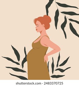 Pregnant happy young redheaded girl against a background of leaves. Happy pregnancy. Vector