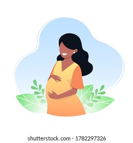 Pregnant happy young woman with black hair. The concept of pregnancy and motherhood, care, health. Vector illustration in flat cartoon style.