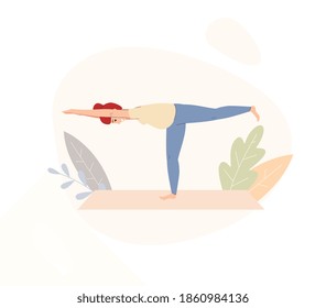 Pregnant healthy woman doing yoga balance pose, flat vector illustration isolated on white background. Yoga workout and sports exercises during pregnancy.