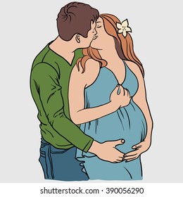 Pregnant with her husband. Free hand drawing. Kiss. Waiting for the baby. Pregnancy. Tummy. Vector.