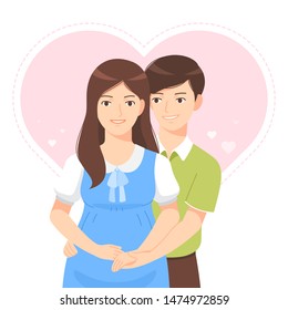 pregnant and her husband are hugging with heart at background vector character  illustration
