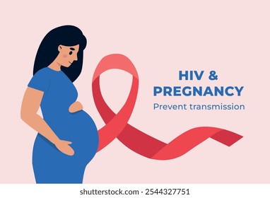 Grávida de mulher com HIV segurando a barriga. Prevenção de transmissão do HIV a uma faixa para bebês. Ilustração vetorial em estilo plano.