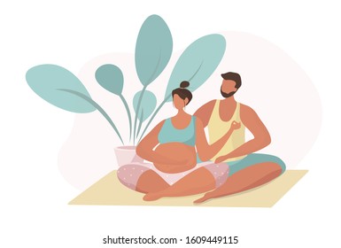 Pregnant with husband Meditating. Happy Couple waiting baby and exercising in Gym. Pregnant female character doing Yoga. Couple Sitting in Lotus Pose. Flat Vector Illustration