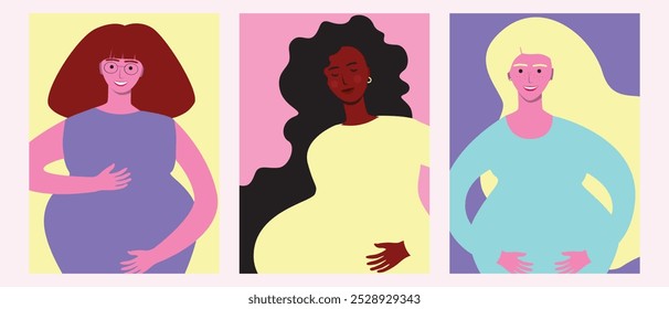 Mulheres imperfeitas grávidas como beleza, ilustração de estoque de vetor plano como definido ou definido com variedade de gravidez