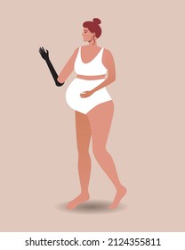 Pregnant inclusive person with prosthetic arm in her underwear isolated. Flat vector stock illustration. Young woman. Modern persona. Beauty concept for design