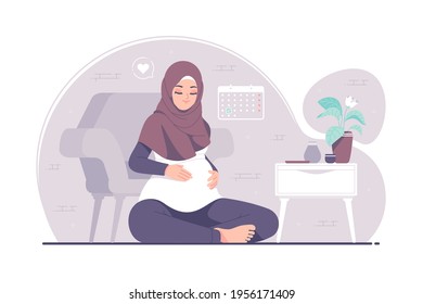 Pregnant islamic hijab girl tenderly touching her belly vector background