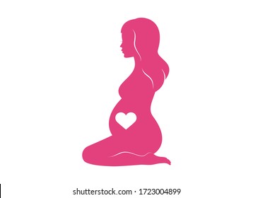 Pregnant kneeling woman silhouette icon vector. Beautiful pregnant woman kneeling icon. Silhouette of pregnant woman with heart vector. Abstract pregnant woman in yoga position pink icon